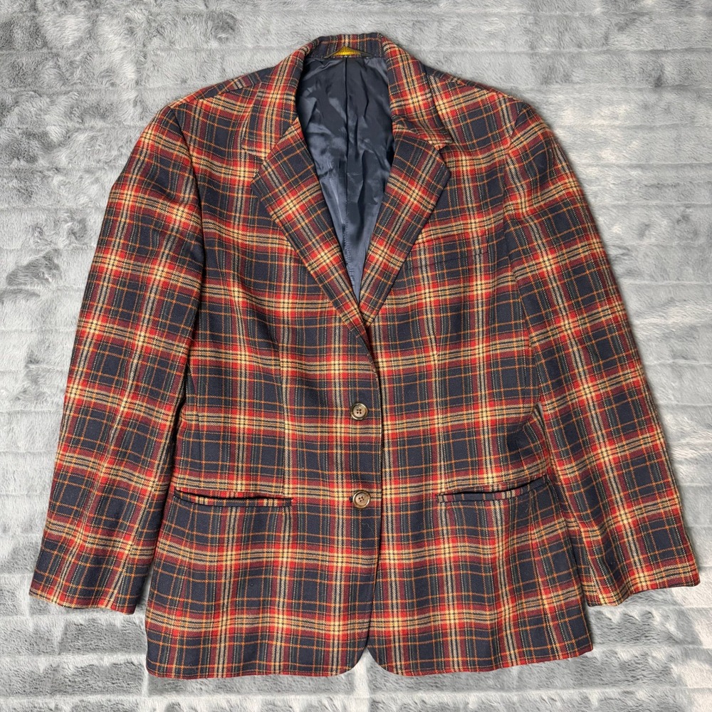 Austin Reed Blazer Mens L Red Navy Plaid Pure Virgin Wool 2 Button Sport Coat